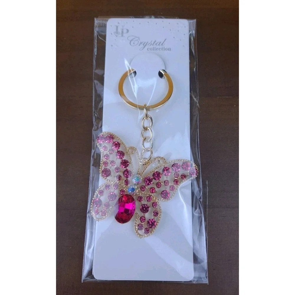 NIP Crystal Collection Pink Crystal Butterfly Gold‎ Tone Keychain Backpack